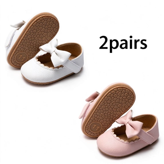 Meckior 2 Pairs Baby Girls Dress Shoes Infant Mary Jane Bowknot Flats Non-Slip Sole Princess Shoes for Newborn 3-18 Months