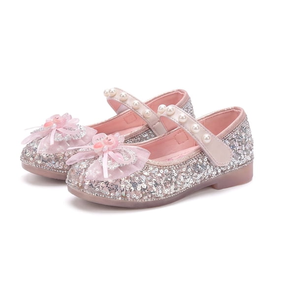 Meckior Toddler Girls Glitter Mary Jane Shoes Little Kids Low Heel Wedding Party Princess Dress shoes for Little Kids