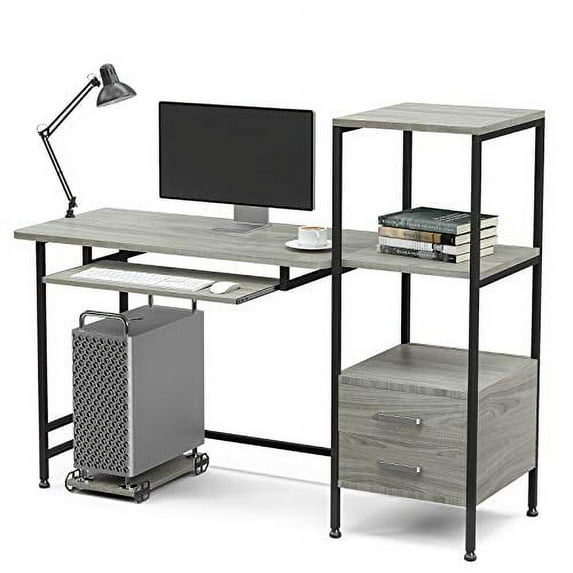 Mecor Computer Desk with 2 Drawers, Modern Writing Desk with Bookshelf, PC Laptop Study Table Workstation for Home (Oak Grey)