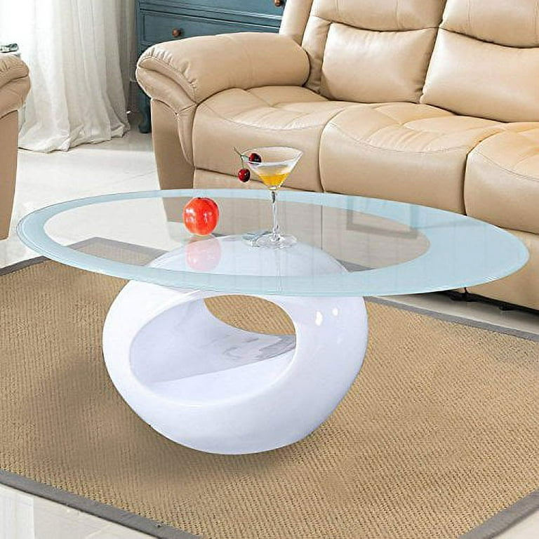 Mecor Glass Coffee Table with Round Hollow Shelf-Modern Oval
