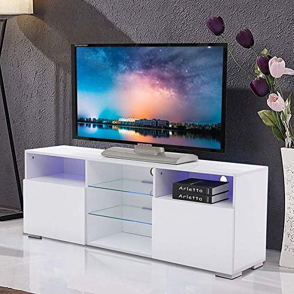 Mecor High Gloss TV Stand with LED Lights Modern White TV Stand for 58 Inch TV Console Storage Cabinet with 3 Layers 2 Doors and Open Shelf