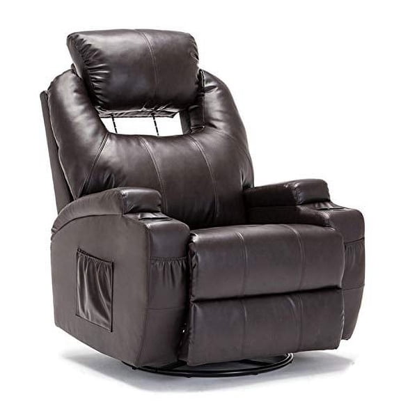 Mecor Massage Recliner Chair Bonded Leather Heated Reclining Rocker Living Room Lounge Sofa Chair w/Cup Holder/Remote/360 Degree Swivel (Brown-Adjustable)