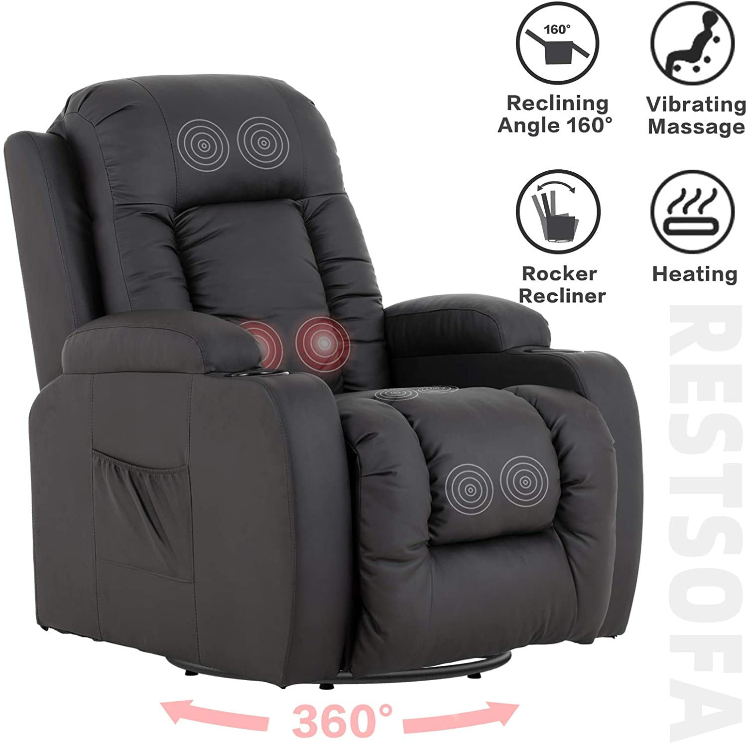 Mecor Massage Recliner Chair PU Leather Rocker with Heat 360 Degree Swivel Single Sofa Seat Ergonomic Lounge with Cup Holders Side Pockets Remote Control for Living Room Walmart