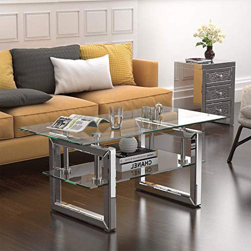 Mecor Mirrored Coffee Table with 2 Tier Glass Boards & Sturdy MDF Legs