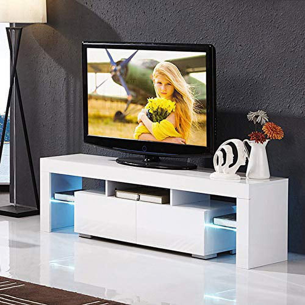 Mecor Modern White TV Stand with LED Lights High Gloss for 65 Inch TV LED with Storage and 2 Drawers Living Room Furniture White