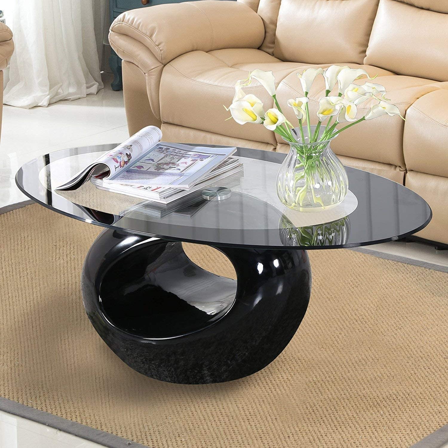 Mecor Oval Glass Coffee Table with Round Hollow Base Modern End Side Coffee Table with Tempered Glass Top High Gloss for Home Living Room Furniture