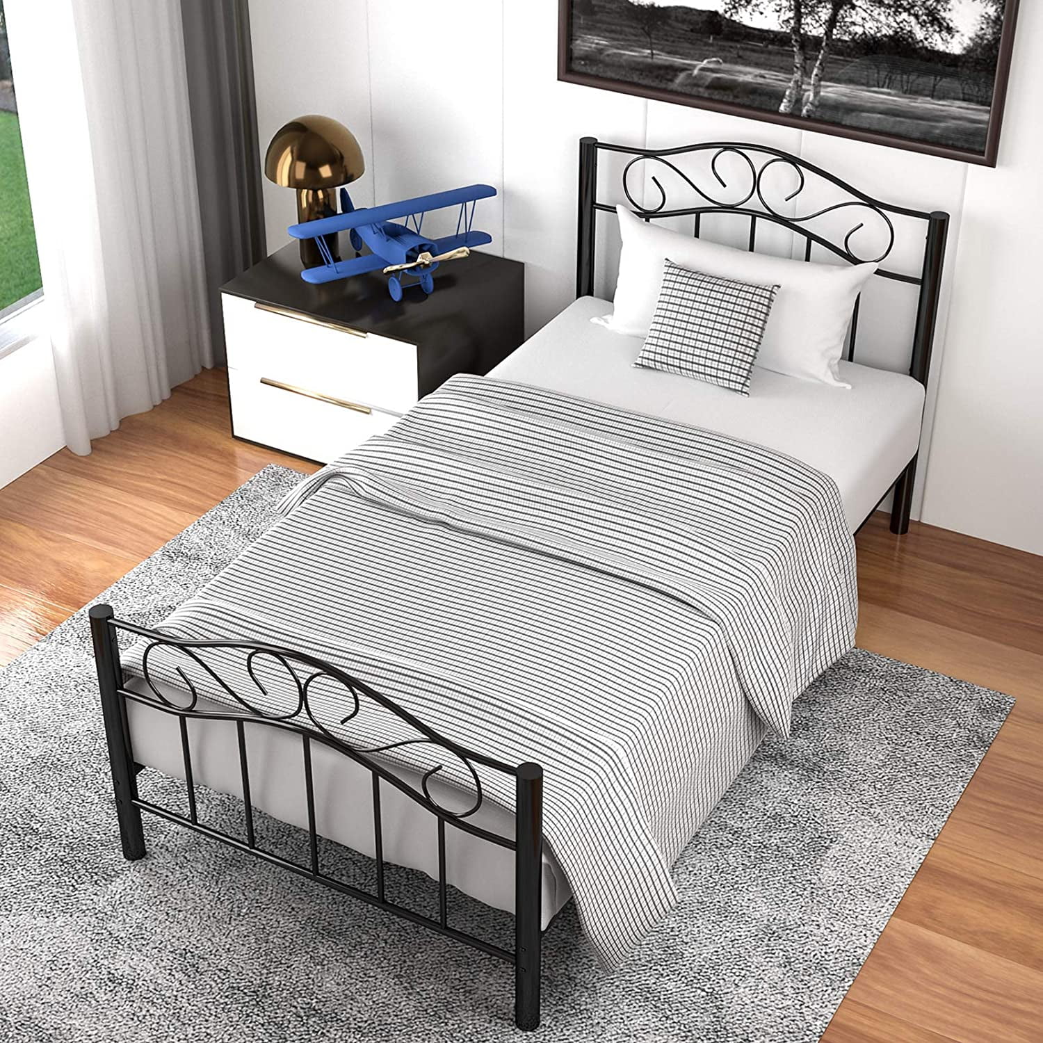 Mecor Twin XL Curved Metal Bed Frame Princess Black Platform Bed Frame with Vintage Headboard Footboard Mattress Foundation for Kids Girls Boys
