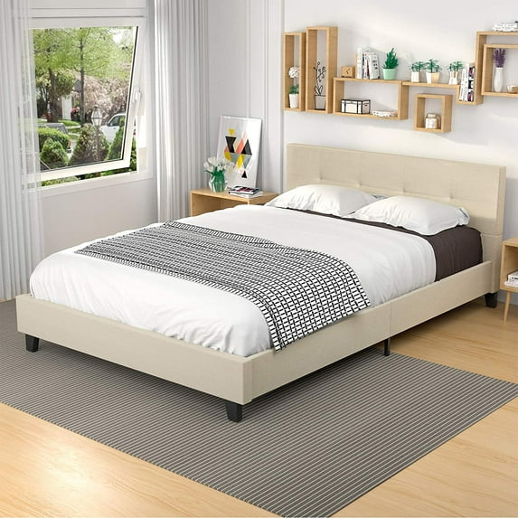 Mecor Upholstered Linen Full Platform Bed, Metal Frame / Mattress Foundation with Wood Slats / Tufted Square Stitched Fabric Headboard / Easy Assembly - Beige, Full Size