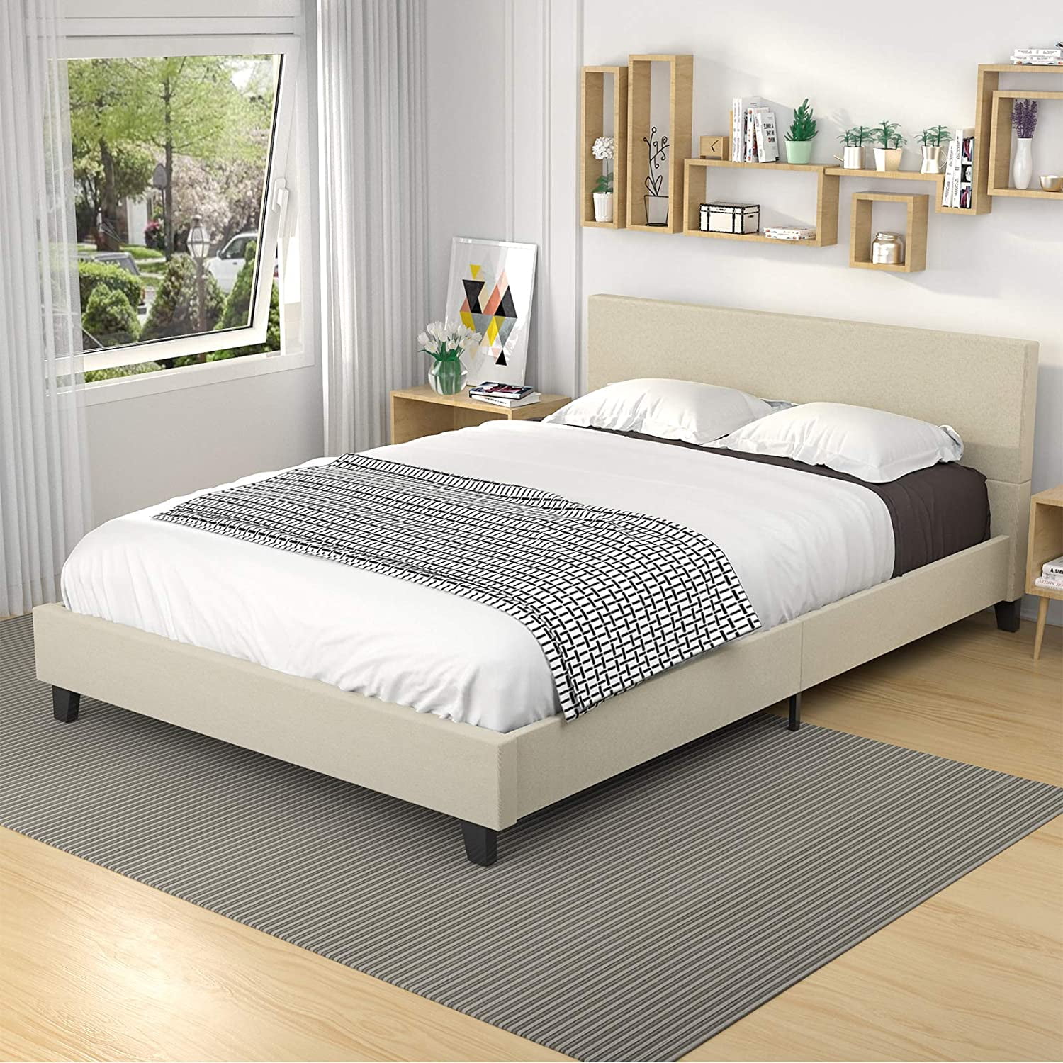 Mecor Upholstered Linen Platform Bed Frame Queen Bed Frame with