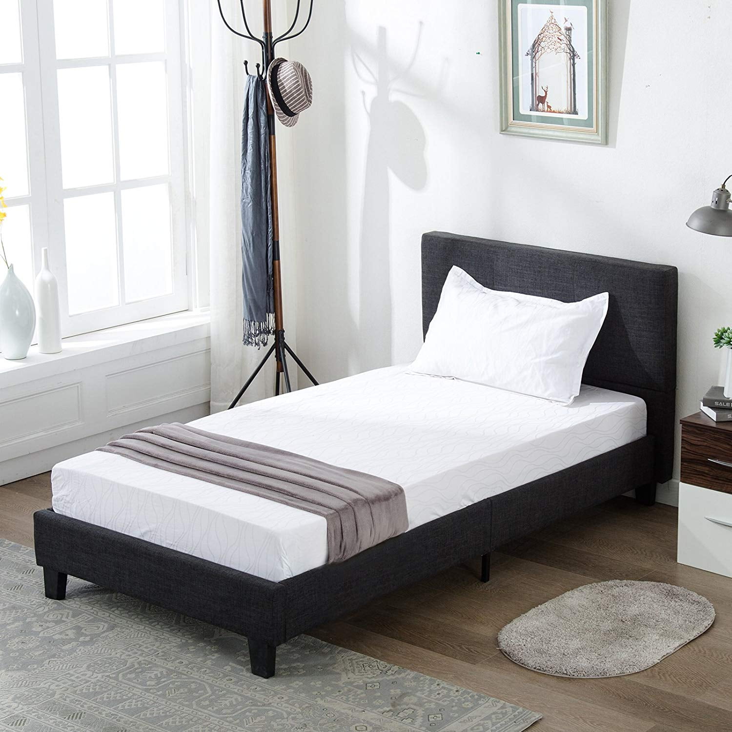 Mecor Upholstered Linen Platform Twin Size Bed Metal Frame with Solid Wood Slats Support Square Stitched Headboard Black Twin Walmart