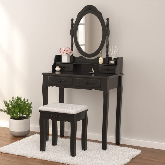 Mecor Vanity Table with Cushioned Stool, Makeup Dressing Table with Oval Mirror, 4 Drawers Bedroom Vanity Set with Floral Carving, for Women Girls Kids, Black