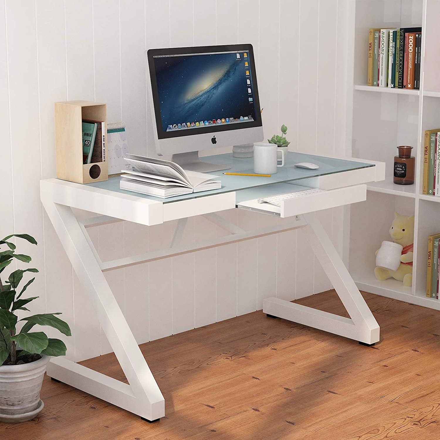 Mecor Z Shape Computer Desk Modern Fashion Glass Office Laptop Desk