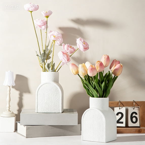 Mecorevxz 1.1L Square Bottom Round Mouth Vertically Striped Vase - Compact Plastic Vase for Desk or Tabletop Decoration - Combines Elegant Style with Functional Flower Display,6.1x4.1x3.3Inch