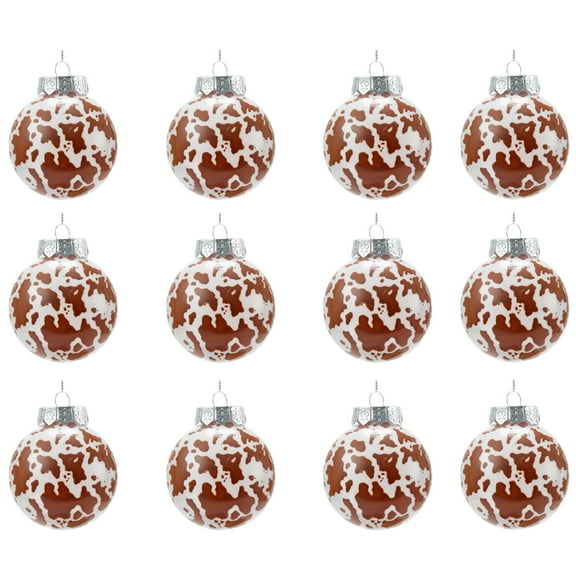 Mecorevxz 12Pcs Christmas Cow Print Ball Ornaments Fabric Wrapped Cow Print Xmas Hanging Balls Christmas Tree Ornament Foam Ball for Home Xmas Party Hanging Decoration, Brown