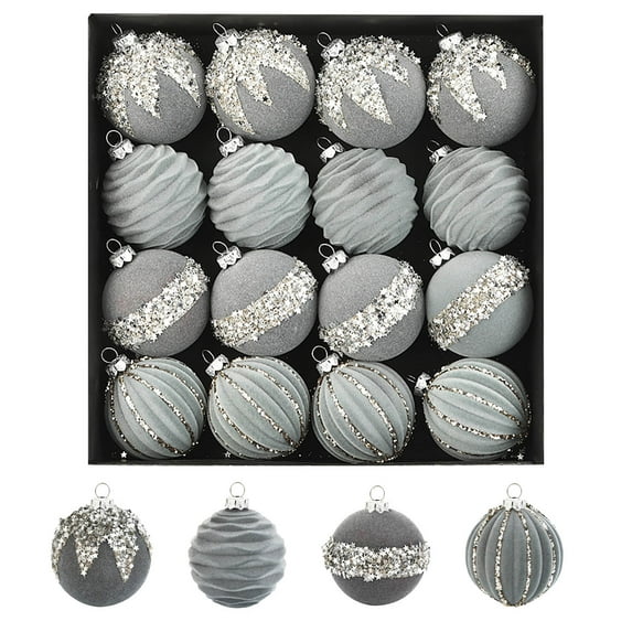 Mecorevxz 16 Pcs Velvet Christmas Balls Flocked Christmas Tree Ornaments Plastic Balls Xmas Decorative Hanging Ornaments Christmas Tree Decoration 2.36 Inch(Gray)