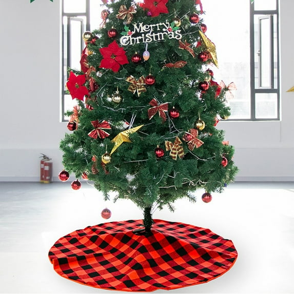 Mecorevxz 35.4 Inches Red Black Buffalo Plaid Christmas Tree Skirt Rustic Thick Xmas Tree Skirt with Snowflake Elk and Santa Claus for Christmas Decor(E)