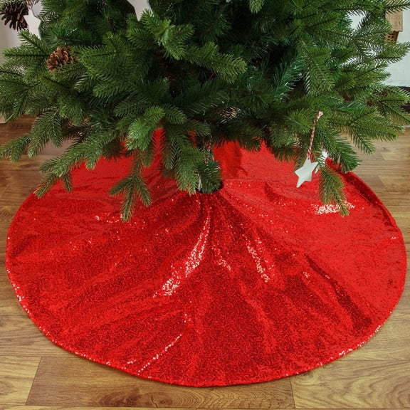 Mecorevxz 35in Christmas Tree Skirt with Sequin Christmas Decorations Tree Skirts Cover Mat Holiday Ornaments for 3FT 4FT 5FT Xmas Tree（Red）