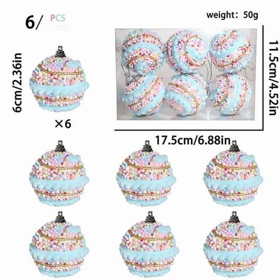 Mecorevxz 6 Pcs 2.36Inch Candy Christmas Ornaments Christmas Tree Ball Ornament Set Macaron Shatterproof Glitter Foam Balls Xmas Tree Hanging Decor for Xmas Decor,Christmas Gifts(C)