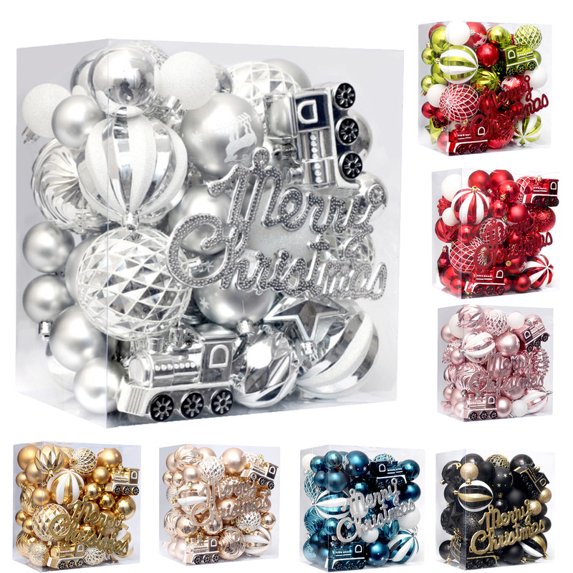 Mecorevxz 65Pcs Christmas Balls Ornaments Set, Delightful Classic Gift Set, Shatterproof Plastic Decor for Xmas Tree Holiday Wedding Party Decorations with Hanging Strings,Silver