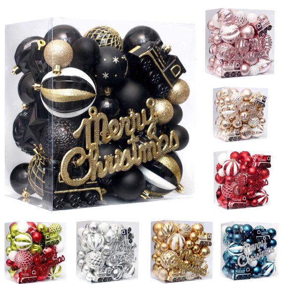 Mecorevxz 65Pcs Christmas Balls Ornaments Set, Delightful Classic Gift Set, Shatterproof Plastic Decor for Xmas Tree Holiday Wedding Party Decorations with Hanging Strings,Black