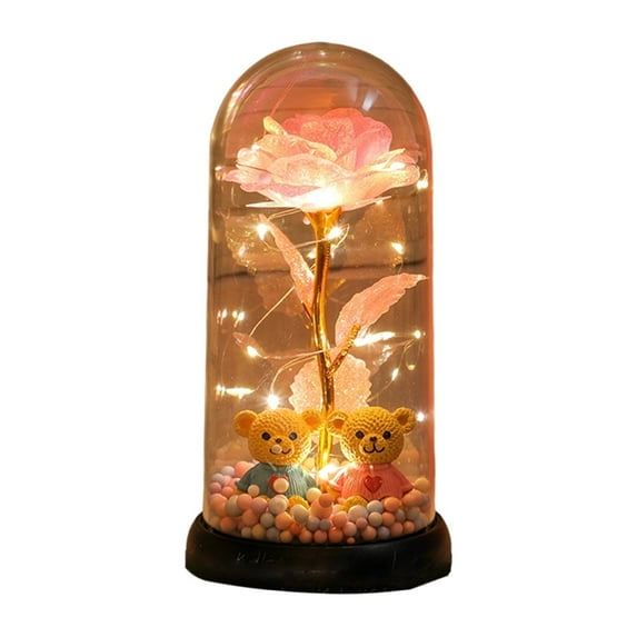Mecorevxz Battery-Powered Glass Rose Lamp Christmas Gift for Women, Wife, Grandmothers LED Eternal Flowers 2 Little Bear Night Lights Valentines Day & Birthday Gift(Pink)