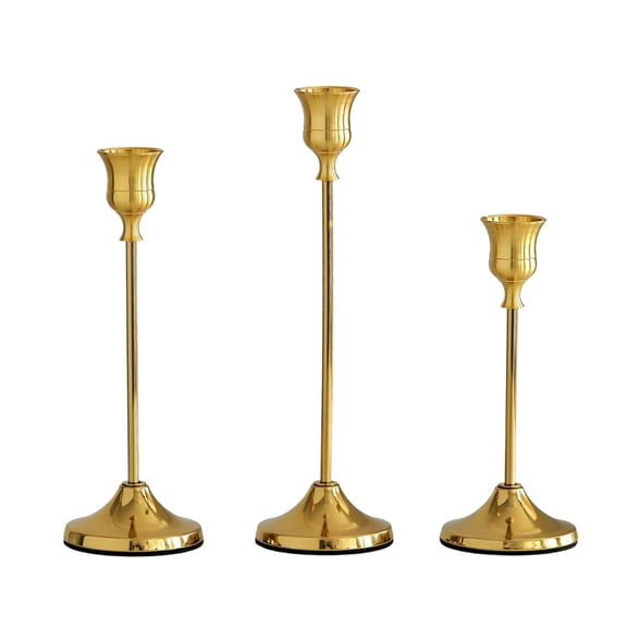 Mecorevxz Candlestick Holders Set of 3 – Taper Candle Holders in 3 Sizes, Elegant Vintage-Modern Brass/Aluminum Candle Stick Holders for Home Decor, Wedding, Valentines Day Decorations(Gold)