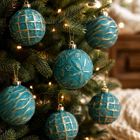 Mecorevxz Christmas Ball Ornaments 12 Pcs Shatterproof Xmas Baubles with Hand Gold Patterns Turquoise Tree Decor(A)