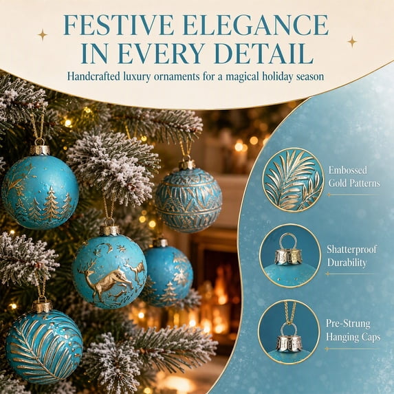 Mecorevxz Christmas Ball Ornaments 12 Pcs Shatterproof Xmas Baubles with Hand Gold Patterns Turquoise Tree Decor(C)