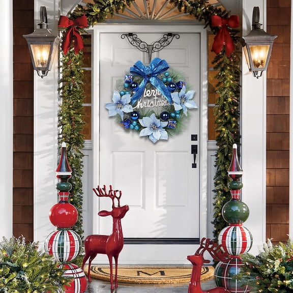 Mecorevxz Christmas Flower Wreath Door Hanging Wall Hanging Rattan Wreath Atmospheric Scene Decorations Strobiles Handmade Imitation Bow Red Fruit Wreath,Blue
