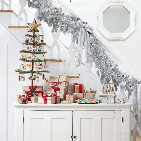 Mecorevxz Christmas Rattan Leaf Berry Garland Christmas Wall Hanging Simulation Arrangement Props(72inch,Silver)