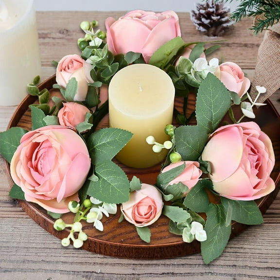 Mecorevxz Christmas Simulated Candle Rings Wreath with Pods Christmas Table Centerpieces Red Berry Pinecones Wreaths for Holiday Party Wall Outdoor Indoor Home Decoration,Pink