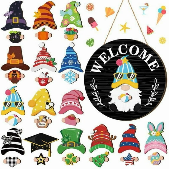 Mecorevxz Interchangeable Wooden Gnome Decor Holiday Christmas Gnome Decorations with Magnet Pieces and Detachable Hats Changeable Welcome Sign for Home Decor,Christmas Gifts