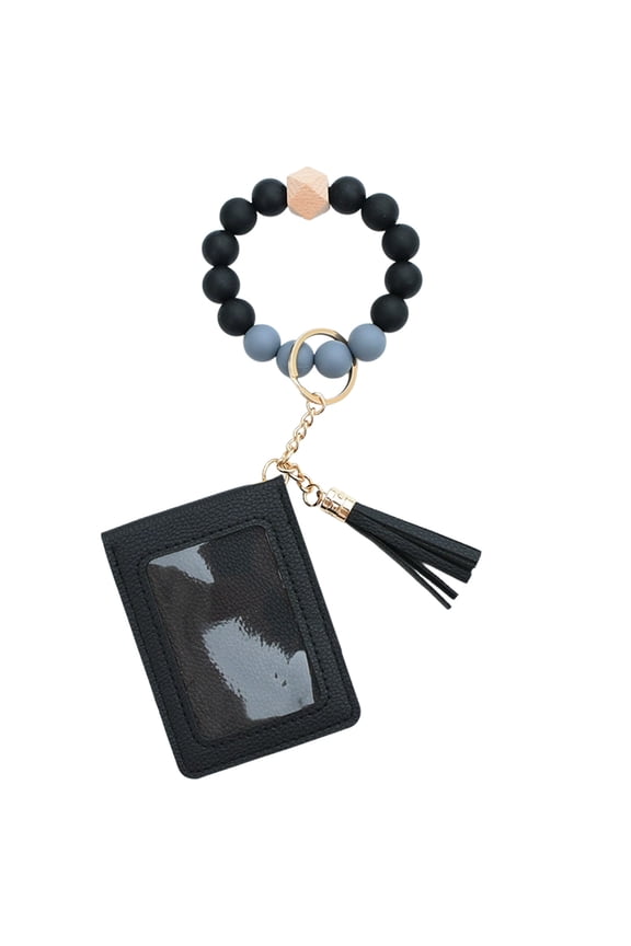 Keychain Bracelet Wristlet, Silicone Beaded Key Ring Bracelet with Card Wallet, Elastic Keyring Bangle for Women(Black)