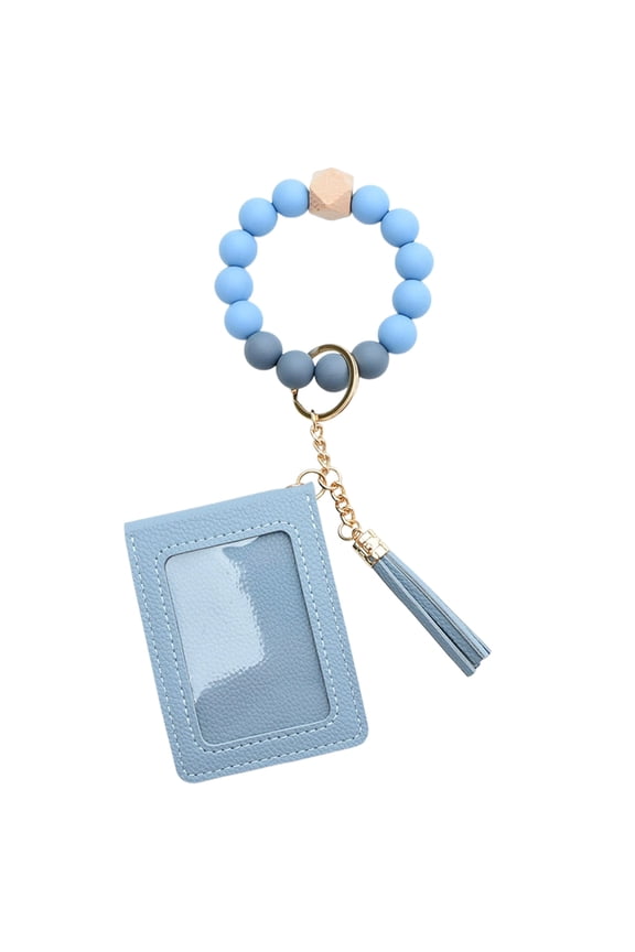 Keychain Bracelet Wristlet, Silicone Beaded Key Ring Bracelet with Card Wallet, Elastic Keyring Bangle for Women(Blue)
