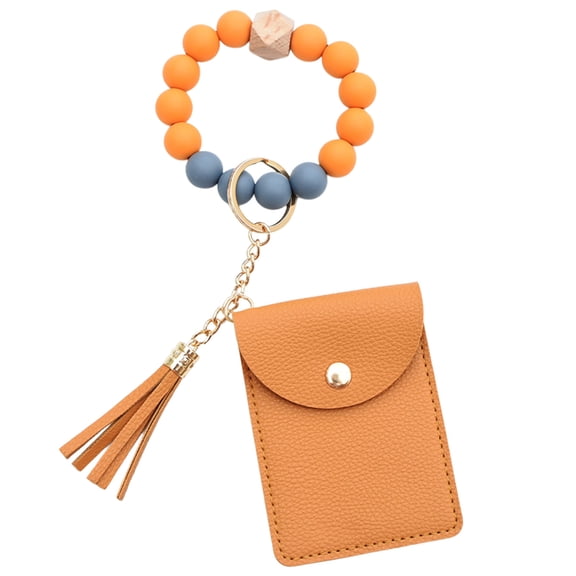 Mecorevxz Keychain Bracelet Wristlet, Silicone Beaded Key Ring Bracelet with Card Wallet, Elastic Keyring Bangle for Women(Khaki)
