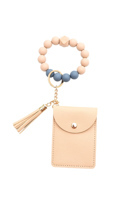 Keychain Bracelet Wristlet, Silicone Beaded Key Ring Bracelet with Card Wallet, Elastic Keyring Bangle for Women(Yellow)