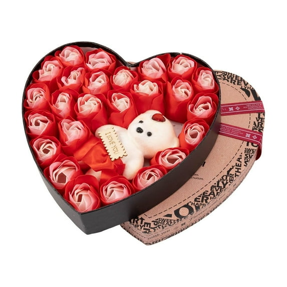 Mecorevxz Soap Flower Rose Iron Basket Valentines Day Ambiance Decoration Gift 25 Soap Flowers Ornaments with Cute Bear(Red)
