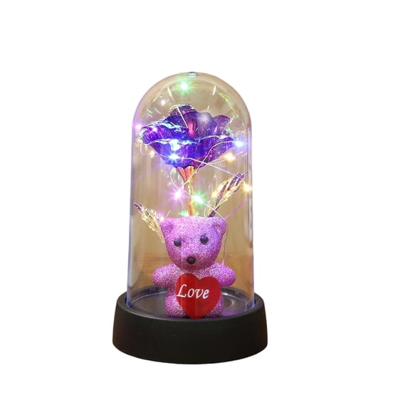 Mecorevxz Valentines Day Preserved Flower and Teddy Bear Heart Rose Ornament and Ambient Decorative Night Light(Purple)