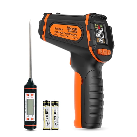Mecurate Infrared Thermometer Gun -58F to 1112F, Laser Temperature Gun with Adjustable Emissivity, Max/Min/Hold for Cooking, BBQ, Freezer, Industrial Use,with Long Probe Meat Thermometer