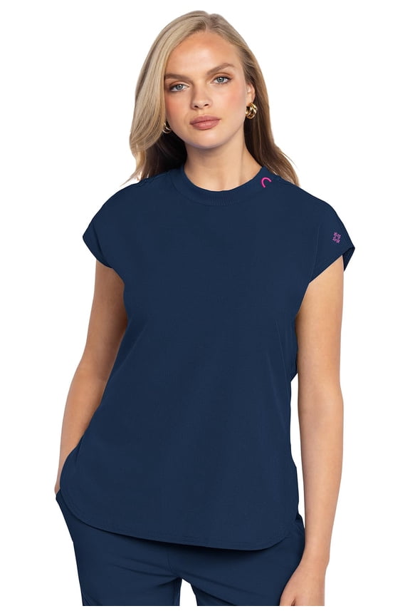 Scrub Top Women Round Neck Tuckable with 2 Zipper Pockets with Rounded Hem MC703, S, Navy