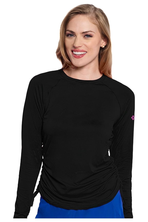 Underscrub Long Sleeve Women Top Ruched Knit Details, Rounded Hem with Adjustable Taping at Side Seam - MC700, XL, Black