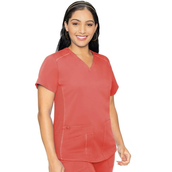 Med Couture V-Neck Scrub Top for Women with 4 Pockets, Rib-Knit Side Panel, and Shirttail Hem MC7459, Coral, 5X-Large