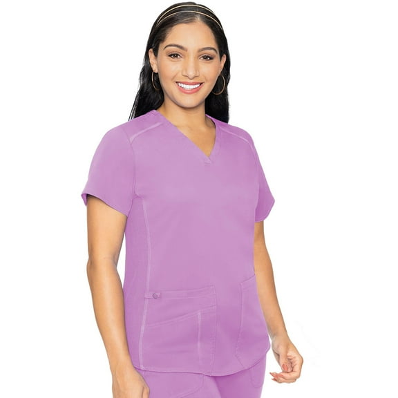Med Couture V-Neck Scrub Top for Women with 4 Pockets, Rib-Knit Side Panel, and Shirttail Hem MC7459, Lilac, 5X-Large