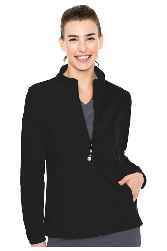 zip front performance fleece scrub jacket for women, black, large