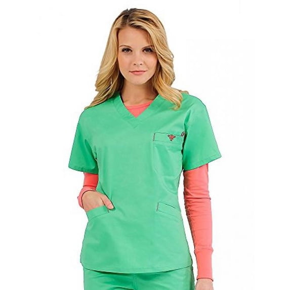Med Couture Women's Signature V-Neck Scrub Top, Key Lime/Apricot, M