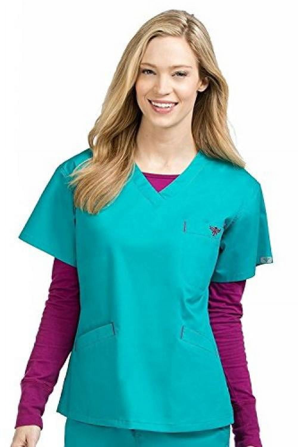 Med Couture Women's VNeck Signature 3 Pocket Scrub Top, Real Teal/Sangria, Large
