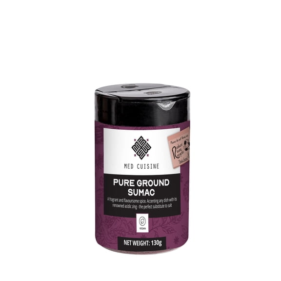 Med Cuisine "100% Pure Ground Sumac" 130GR Shaker! - A Reddish-Purple Powder with a Bright Lemony Taste - Aromatic Middle Eastern Spice Mix - Sumac Spice Powder - Vegan, Non-GMO Shaker Packaging!
