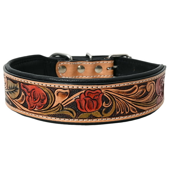 Med Hilason Western Floral Hand Painted Tooled Heavy Duty Genuine Leather Dog Collar