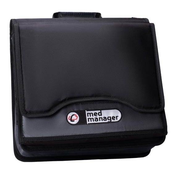 Med Manager Medicine Supply Organizer with Insulin Cooler Travel Case, Holds (15) Pill Bottles - (11) Standard Size and (4) Large Bottles, Black, 13 inches x 13 inches x 4.5 inches