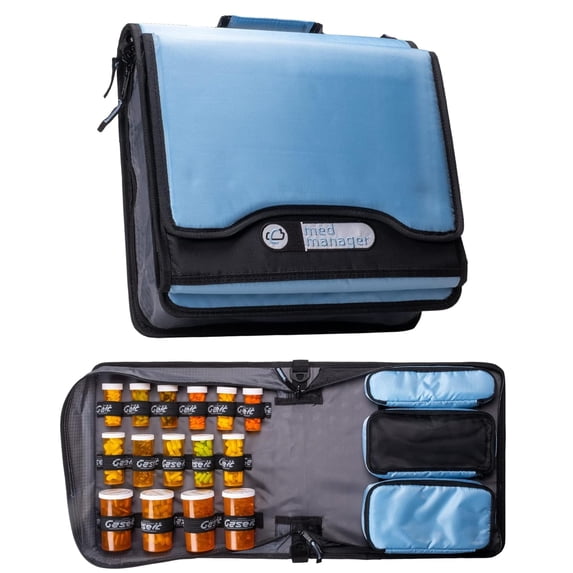 Med Manager Supply Organizer with Insulin Cooler Travel Case, Holds (15) Pill Bottles - (11) Standard Size and (4) Large Bottles, Mint, 13 inches x 13 inches x 4.5 inches